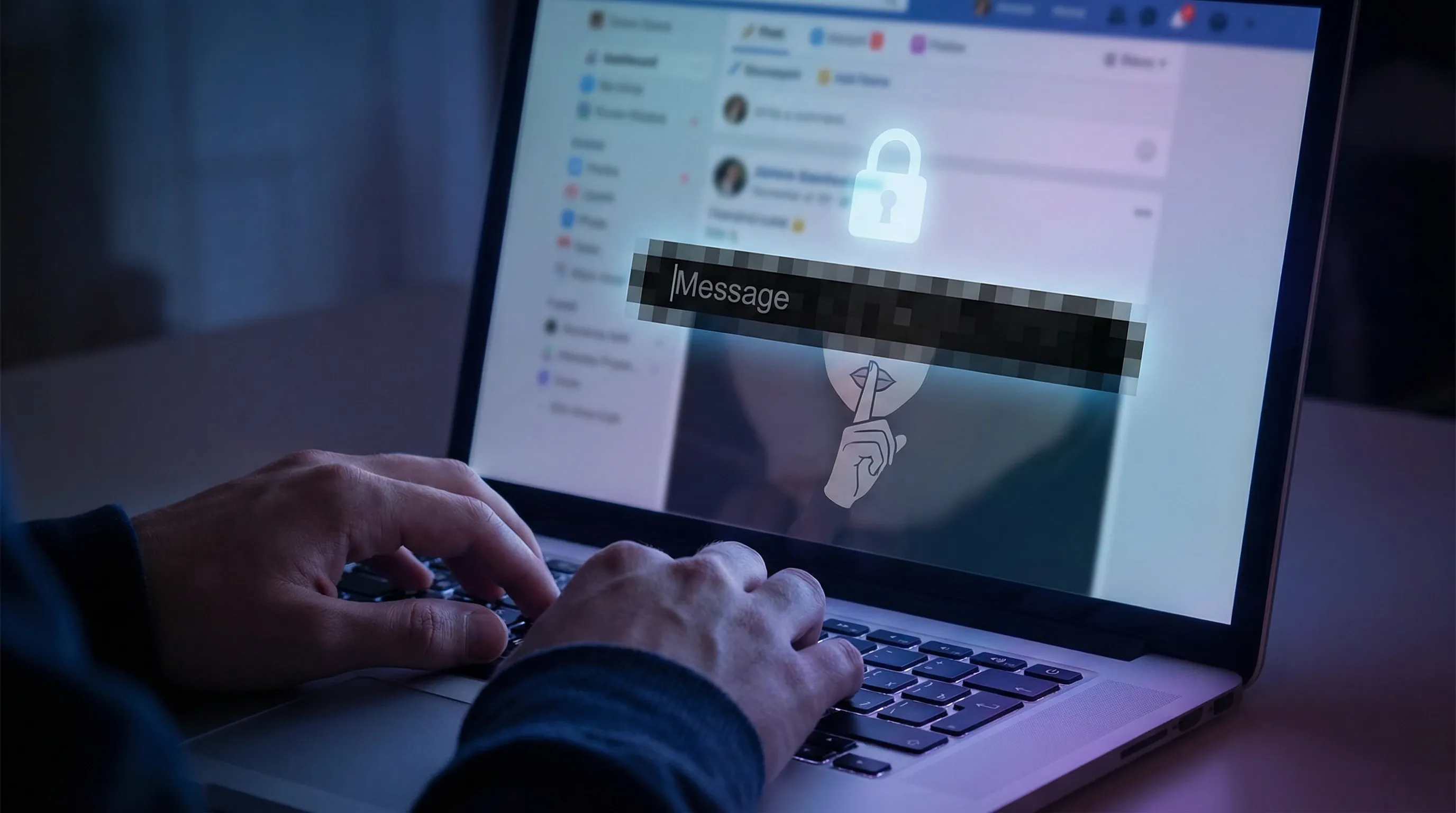 Person typing on a laptop with a blurred private message and lock icon on the screen, symbolizing online self-censorship, encrypted communication, and the chilling effect of surveillance on free expression.